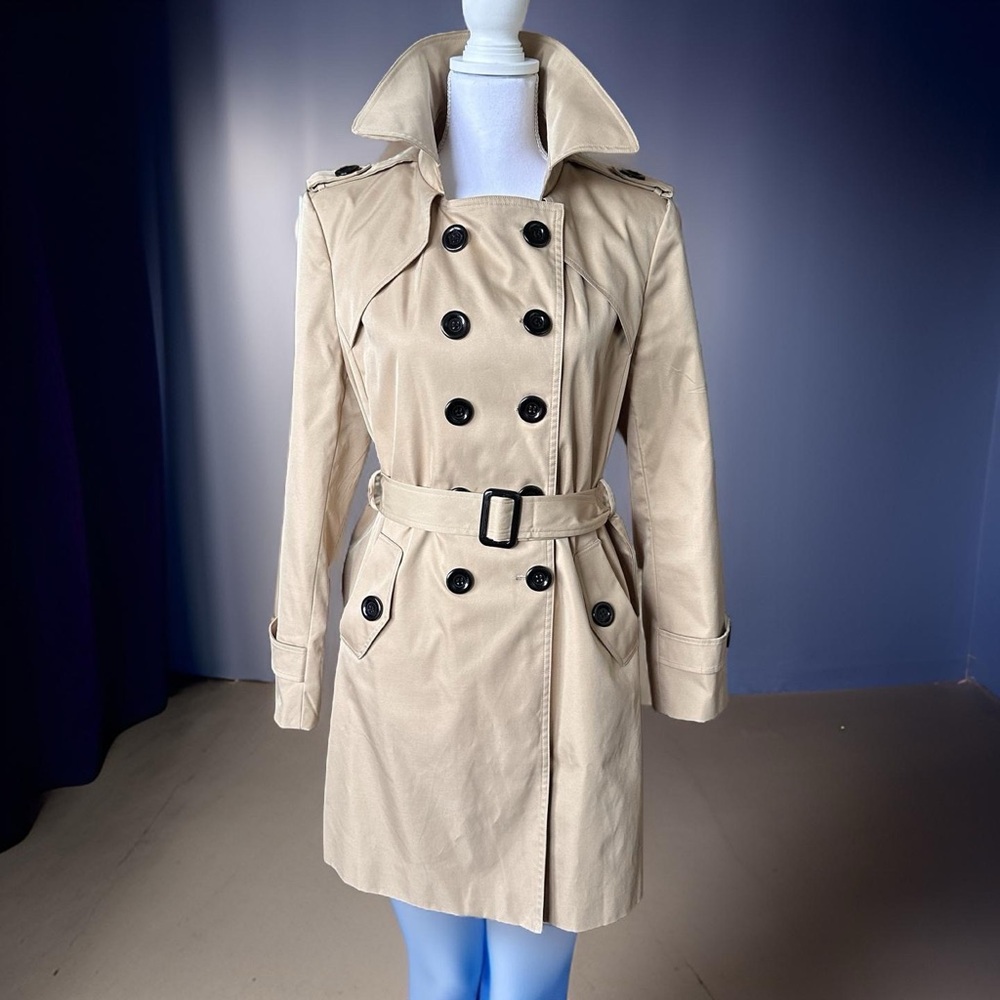 🧥 Farvalue Beige Trenchcoat, large, double breasted, buttons, knee length, belt - Picture 2 of 16